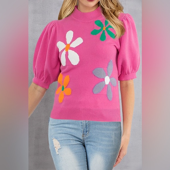 Flower Mock Neck Short Sleeve Sweater - Picture 1 of 10